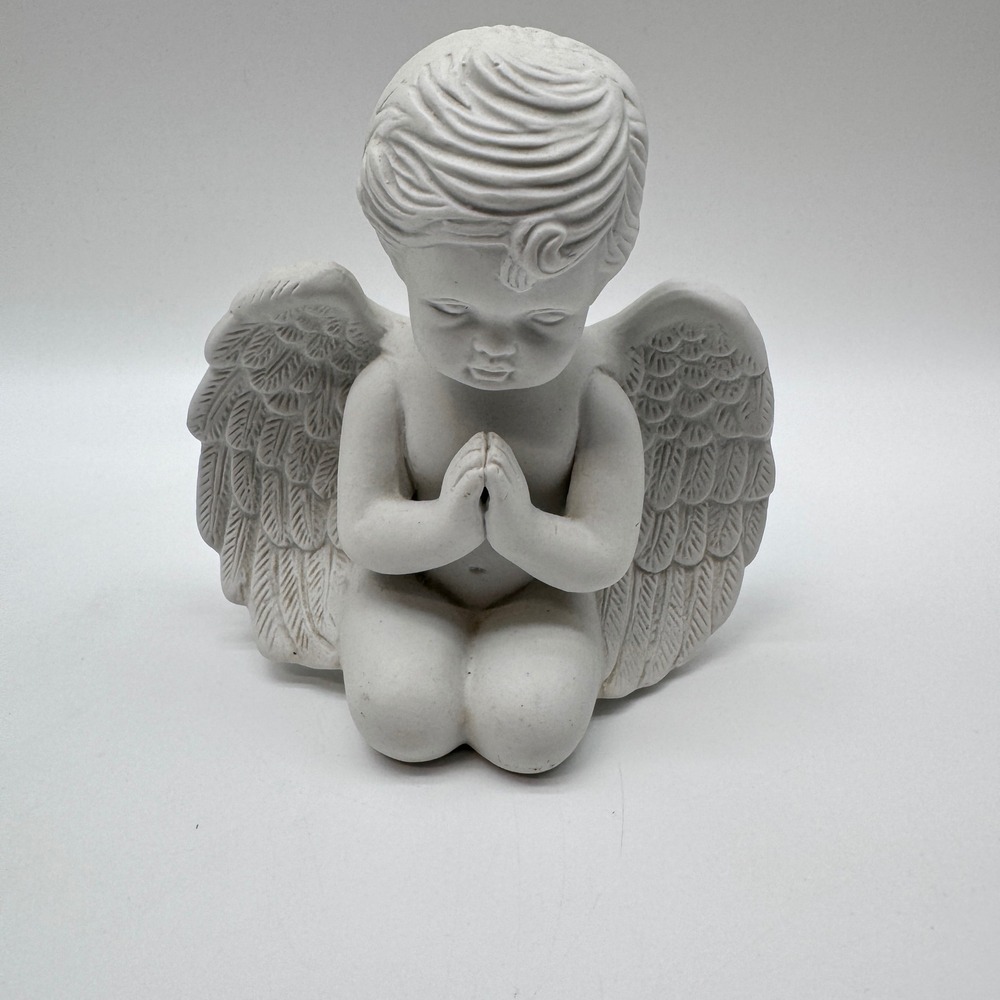 Vintage Praying Cherub Angel Figurine White Bisque Matte Kneeling Statue Ceramic